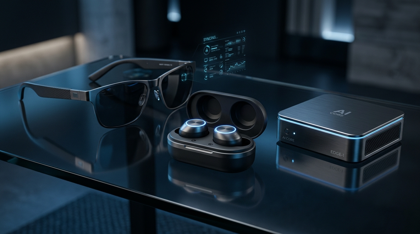 smart ai gadgets including smart glasses and ai earbuds on workstation osmanix