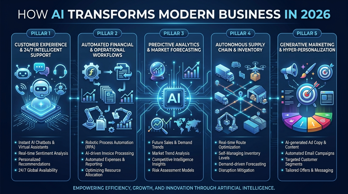 ai in business transformation and roi infographic 2026