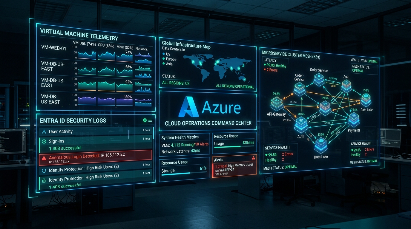 microsoft azure cloud command center dashboard monitoring virtual machines and entra id
