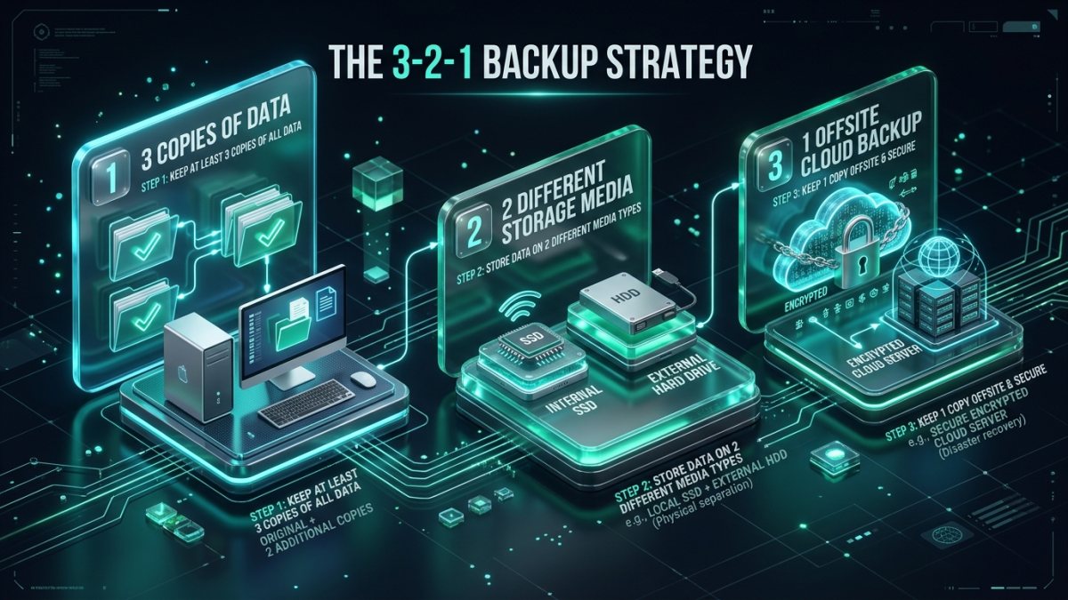 3d infographic explaining how to back up your windows pc using the 3-2-1 backup strategy rule