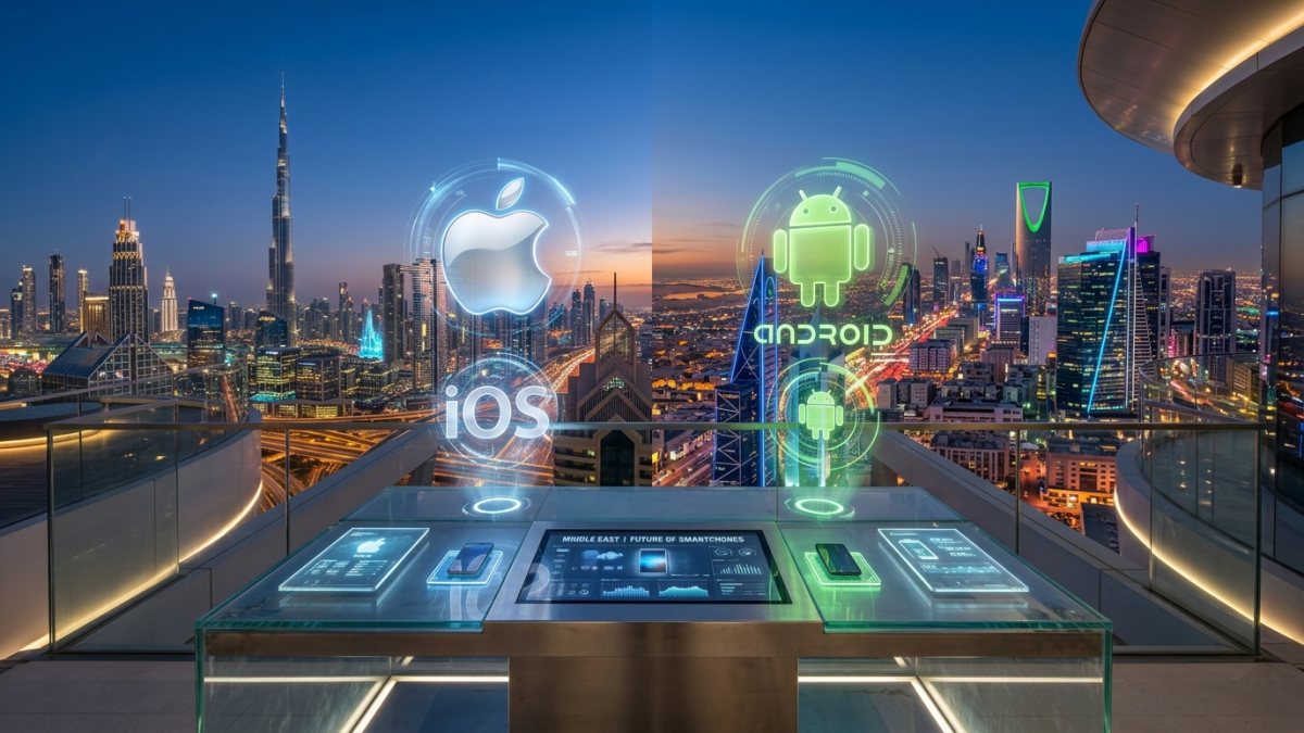 gcc smartphone operating system market comparison showing android and ios market share across gulf skyline