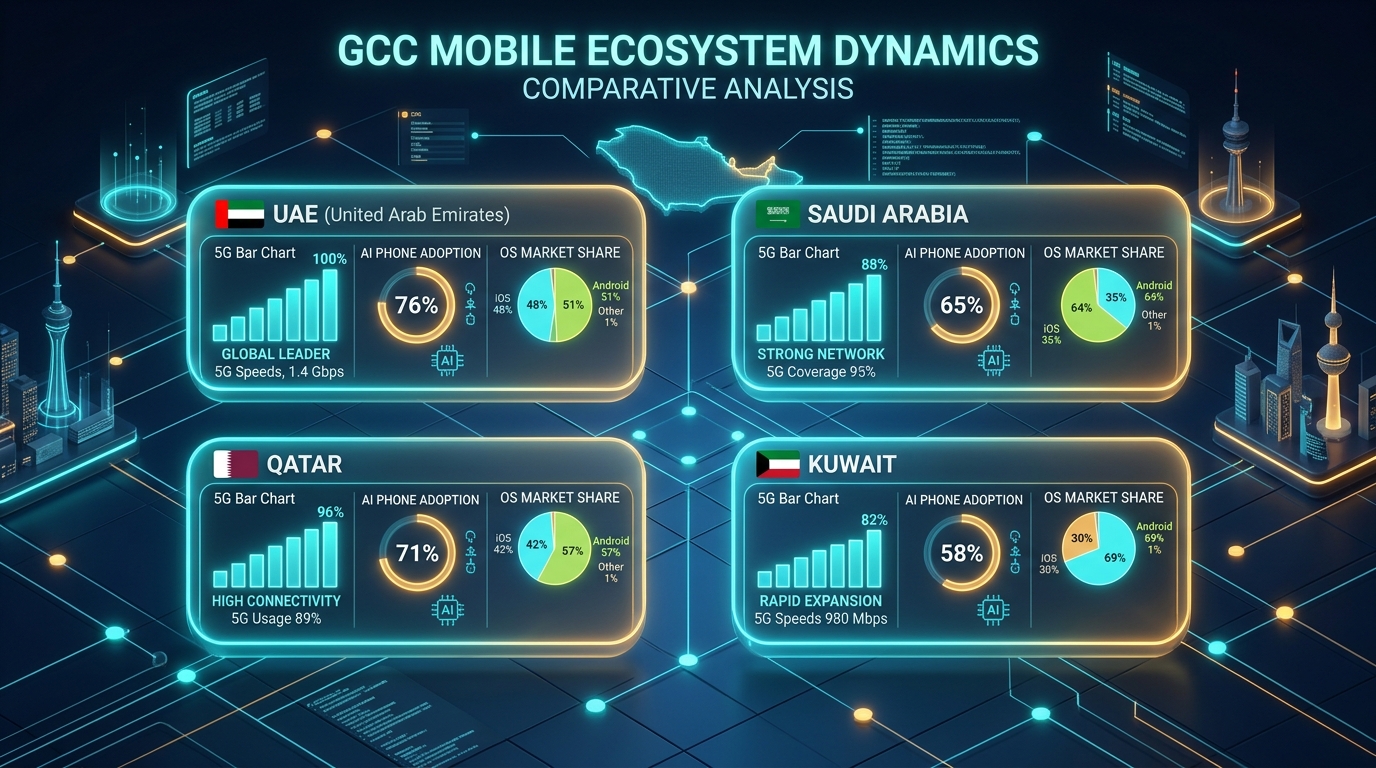 3d isometric data infographic highlighting gcc smartphone operating system market statistics in uae and saudi arabia