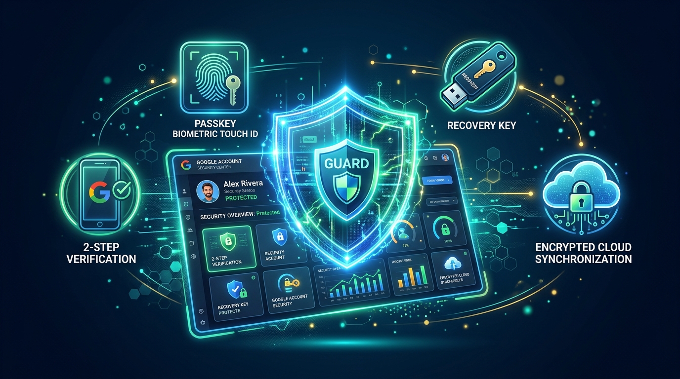 how to secure your google account master dashboard showing 2-step verification passkey and security shield