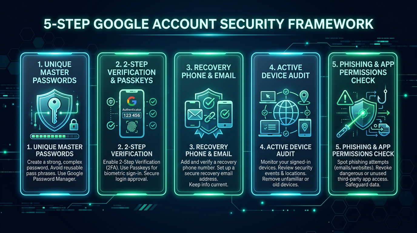 5-step framework infographic illustrating how to secure your google account against unauthorized access and phishing