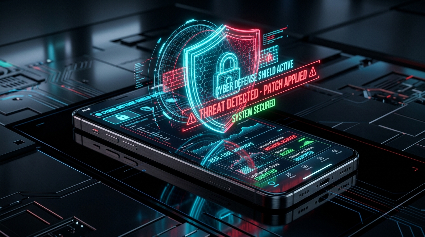 mobile security alert cyber defense shield and smartphone threat detection telemetry