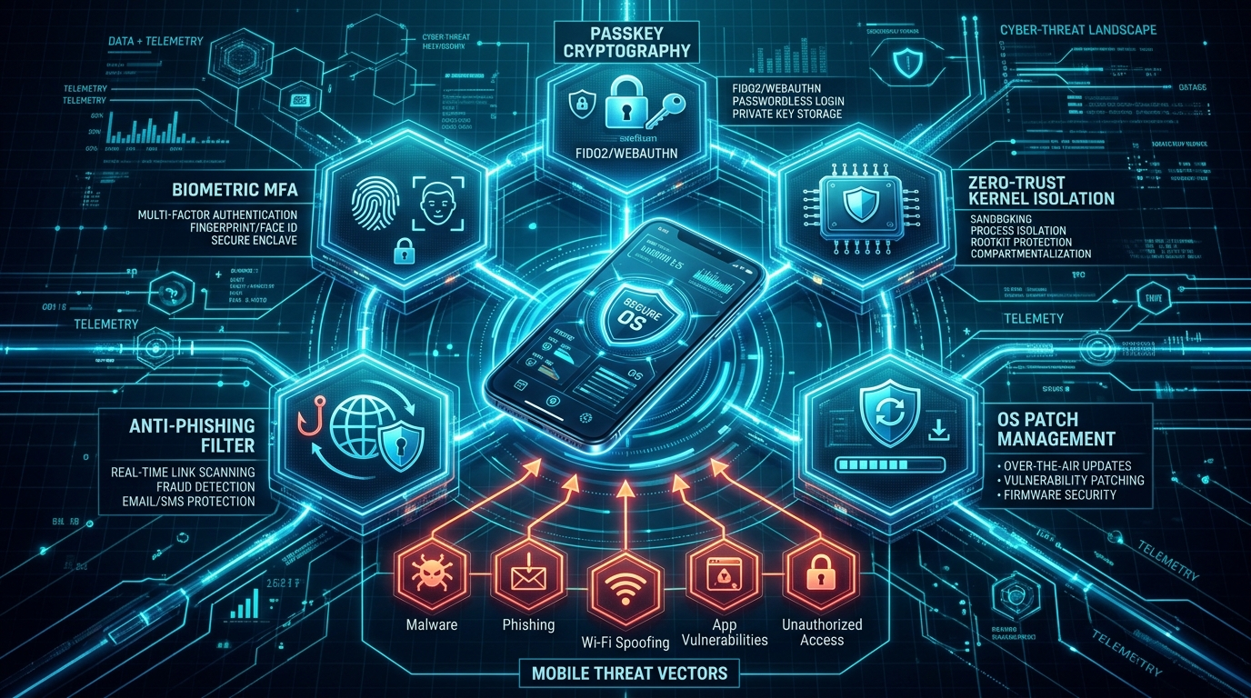 mobile security threat vectors and layered zero trust defense architecture diagram