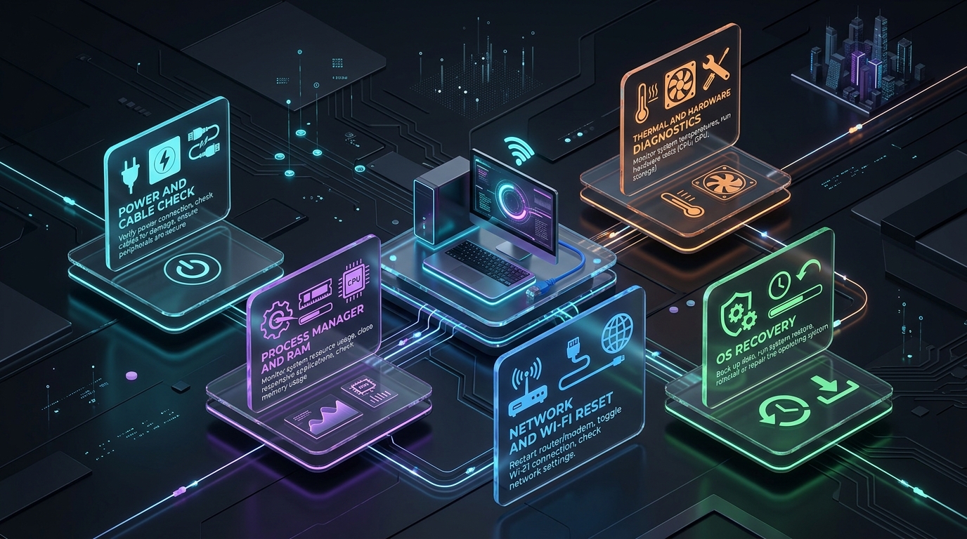 5-step flowchart outlining common computer problems and how to fix them through systematic diagnostic tiers