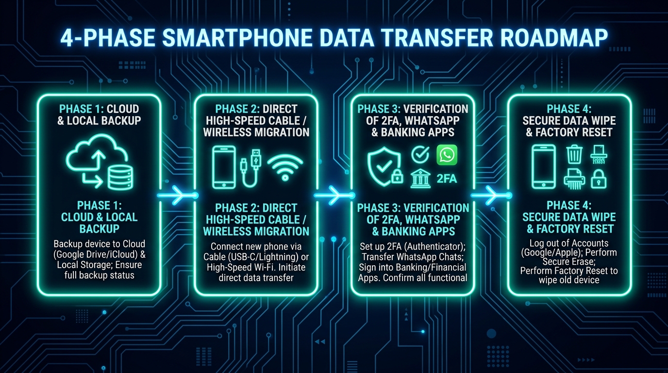 smartphone data migration roadmap infographic showing backup direct transfer verification and factory reset