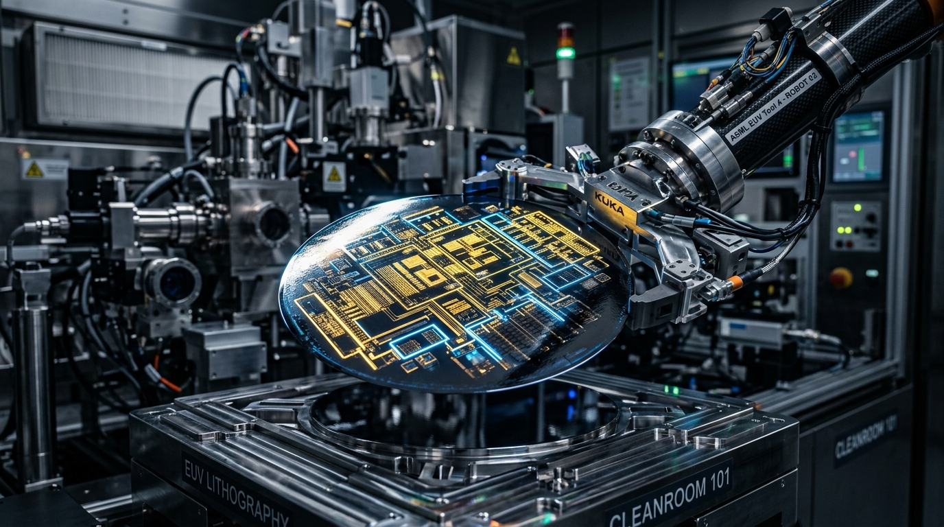 semiconductor industry fabrication facility with robotic arm handling silicon wafer osmanix