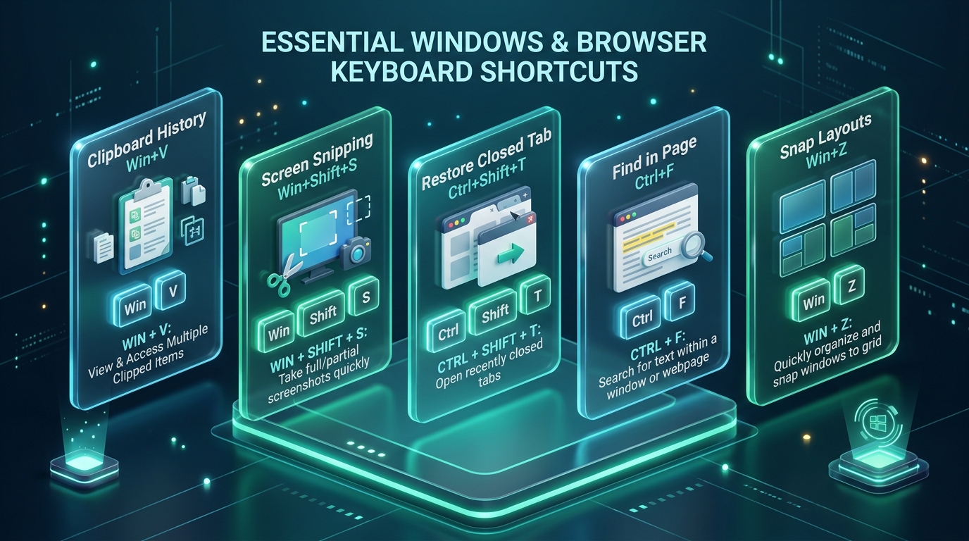 3d isometric infographic showcasing hidden windows and browser tricks keyboard shortcuts and navigation cards