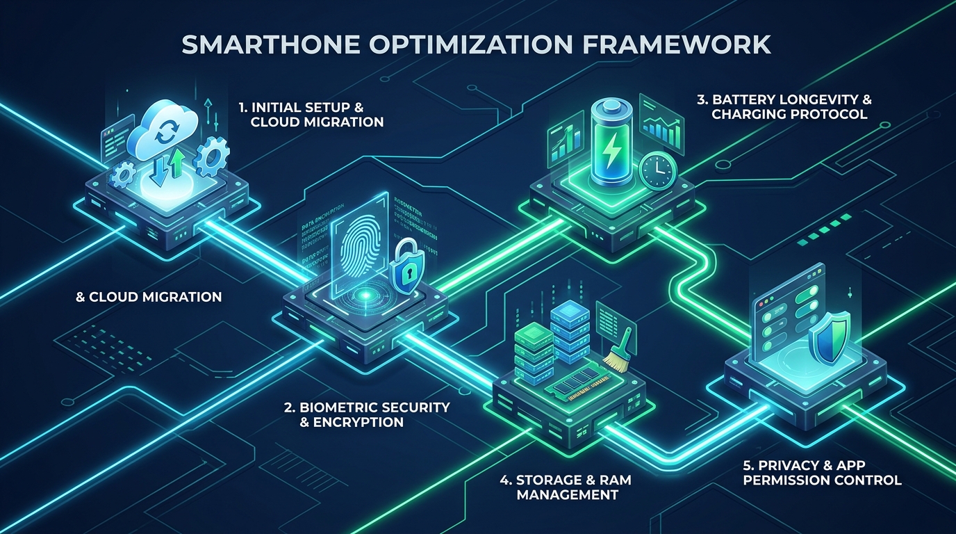 smartphone guide optimization framework infographic with setup security battery and storage nodes