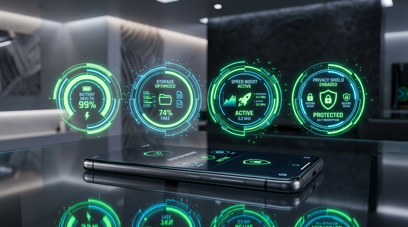 mobile tips and tricks interface showing battery optimization storage boost and privacy security controls