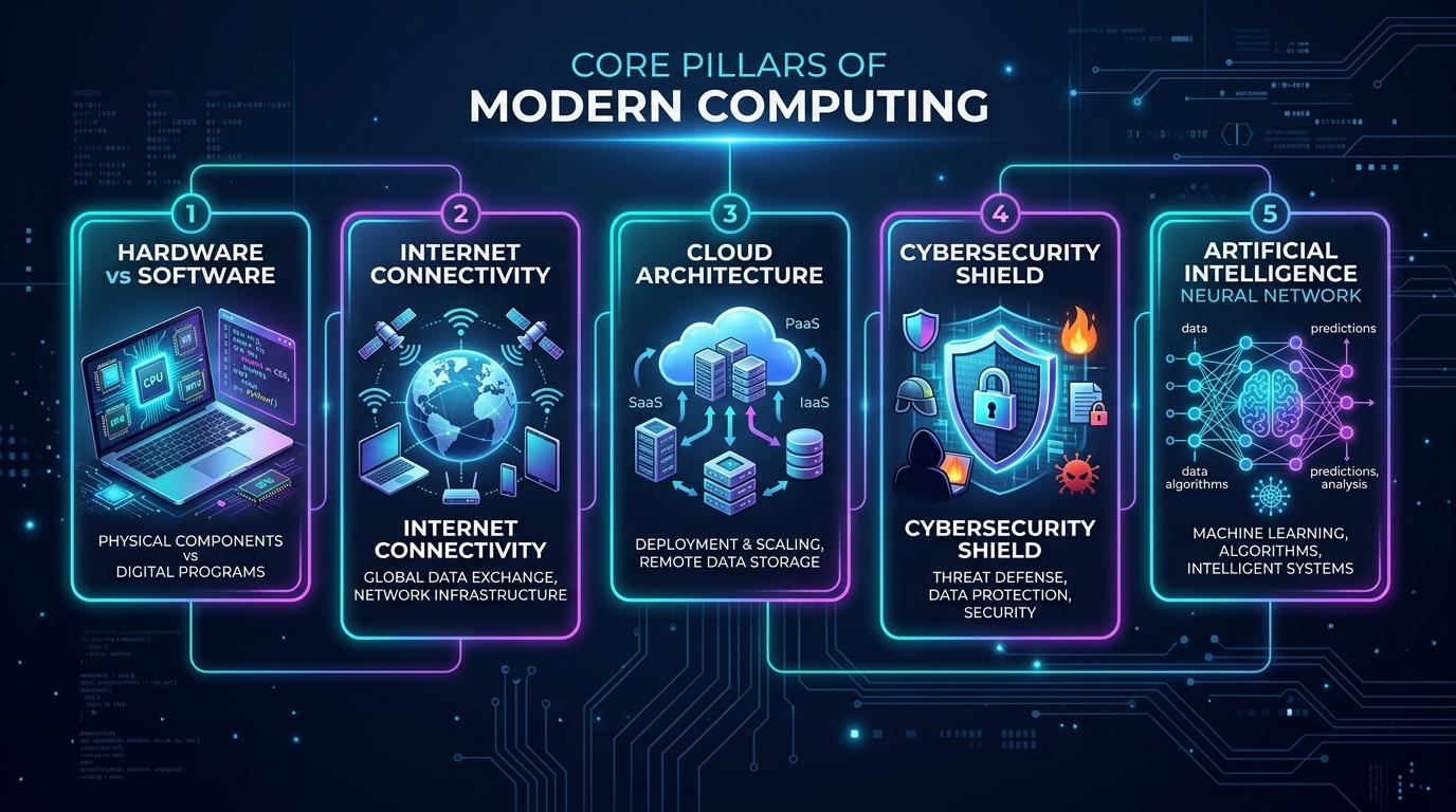 technology for beginners architectural infographic displaying core pillars of modern computing