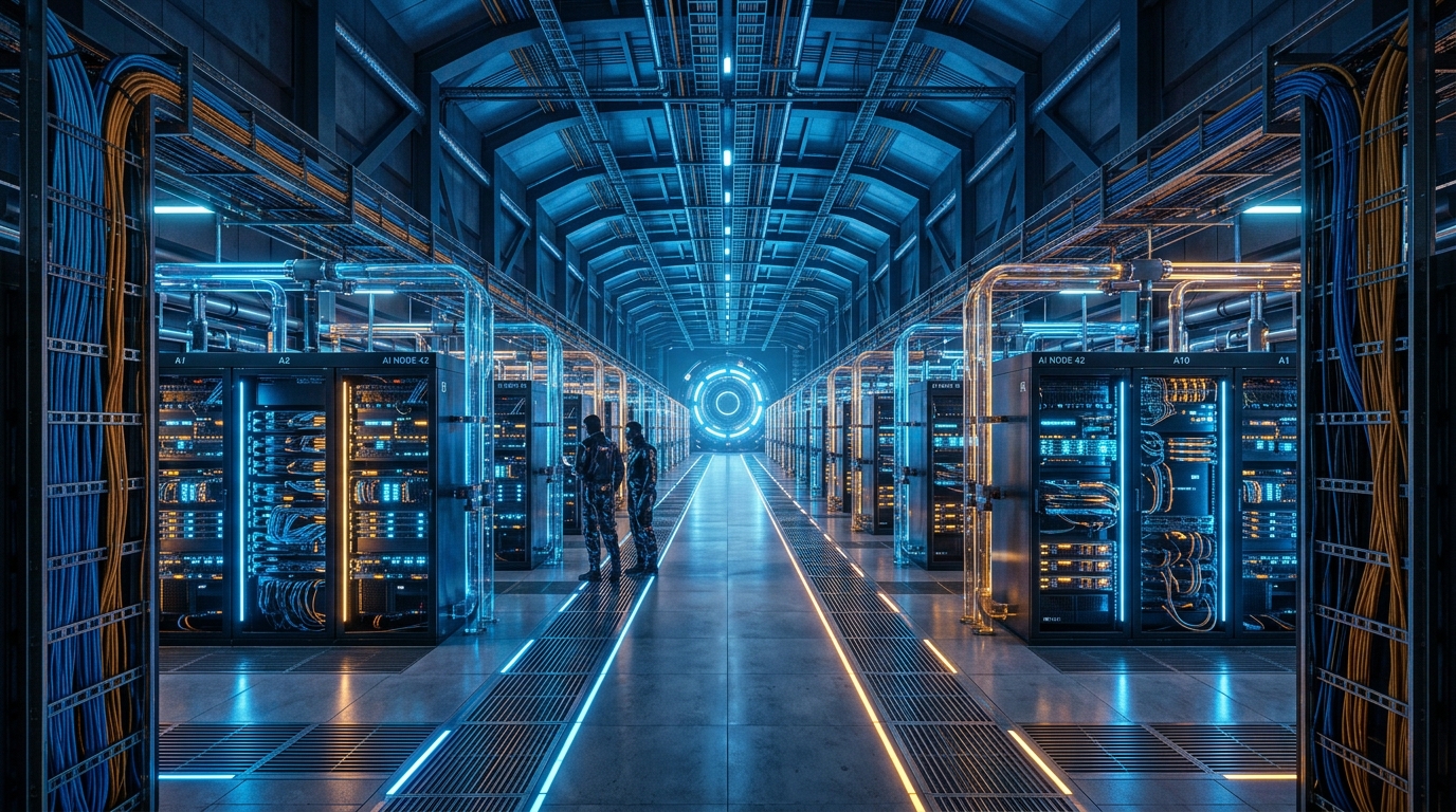 technology industry AI data center server hall with neon fiber optics and liquid cooling osmanix
