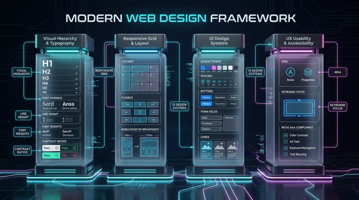 Web design explained framework diagram illustrating Visual Hierarchy, Responsive Grid, UI Design Systems, and UX Accessibility