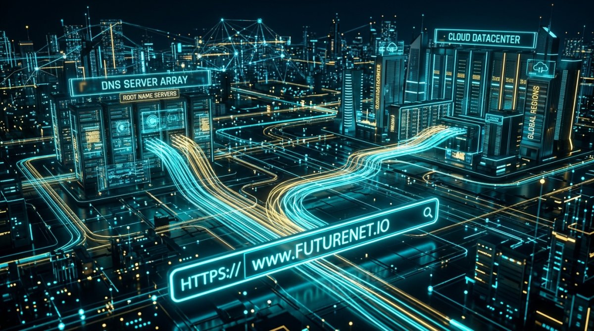 Website hosting explained: 3D concept of cloud server infrastructure, NVMe SSD storage racks, global DNS routing, and web datacenter architecture