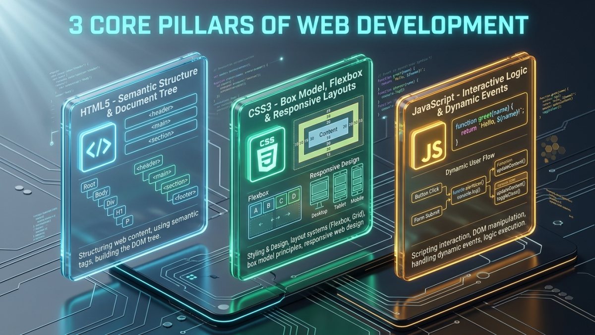 3d infographic demonstrating html and css explained across html5 semantic structure css3 box model and javascript interactivity